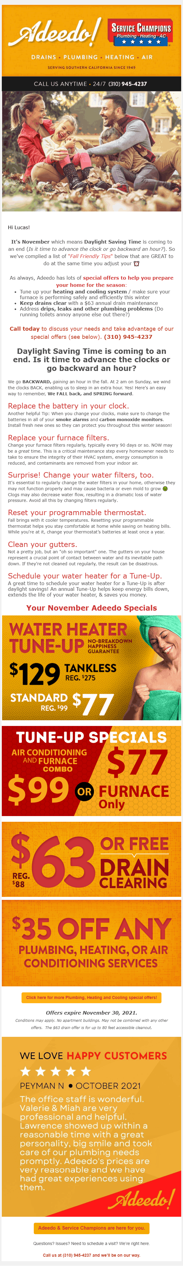 Adeedo November newsletter · full long-form email creative, Daylight Saving Time