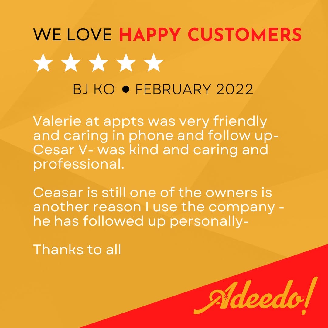 Five-star Adeedo customer review · BJ Ko, February 2022