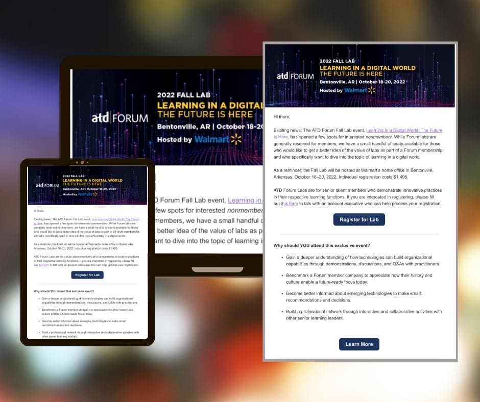 HTML Email & Braze CRM for ATD · Forum Hackathon email on tablet and laptop