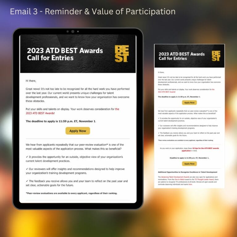 2023 ATD Best Award series · email 3, deadline approaching