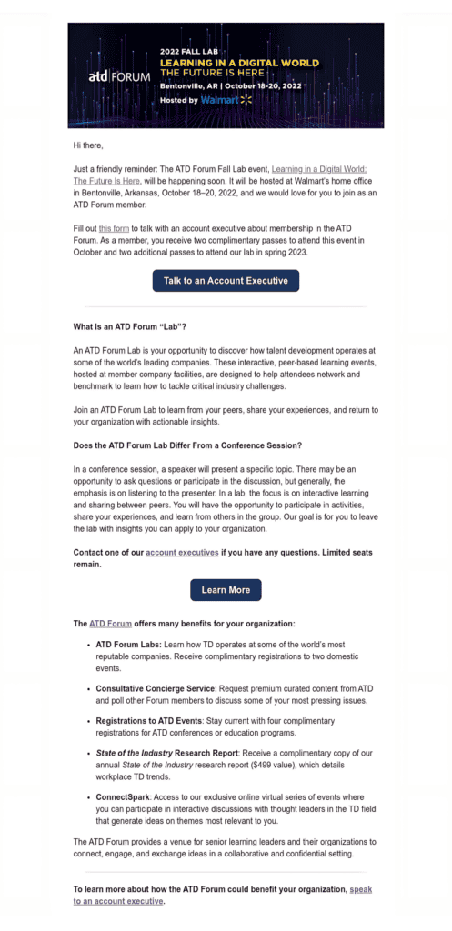 ATD Forum Lab invitation email · learning in a digital world, hosted by Walmart